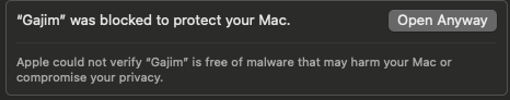 "Gajim" was blocked to protect your Mac. <open anyway button>
Apple could not verify "Gajim" is free of malware that may harm your mac or comprimise your privacy.